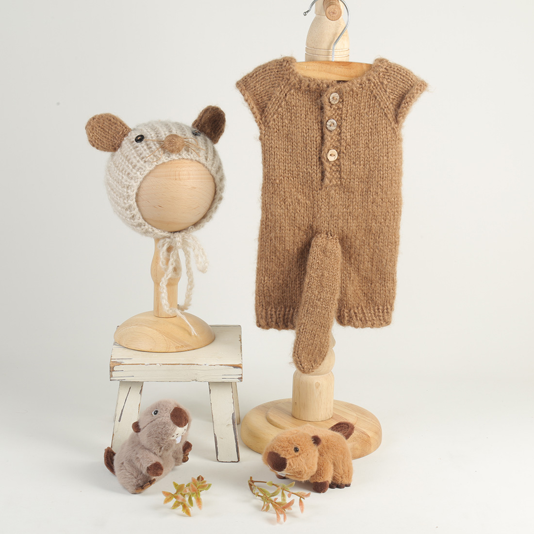 Infant Photography Props Outfit - Gestricktes Biber-Fotografie-Requisiten-Set für Neugeborene, Baby-Strampler mit
