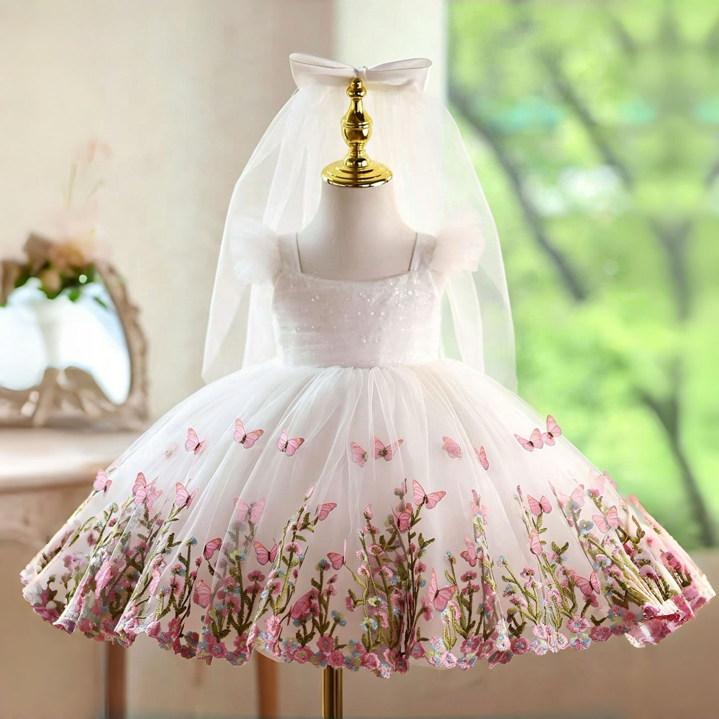 Toddler Girl Tulle Party Dress - Jill Wish D277 Weißes Schmetterlings-Stickerei-Blumenmädchenkleid mit
