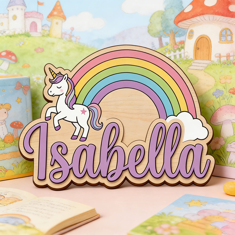 Nursery - Einhorn & Pastell-Regenbogen Personalisiertes Namensschild Magische