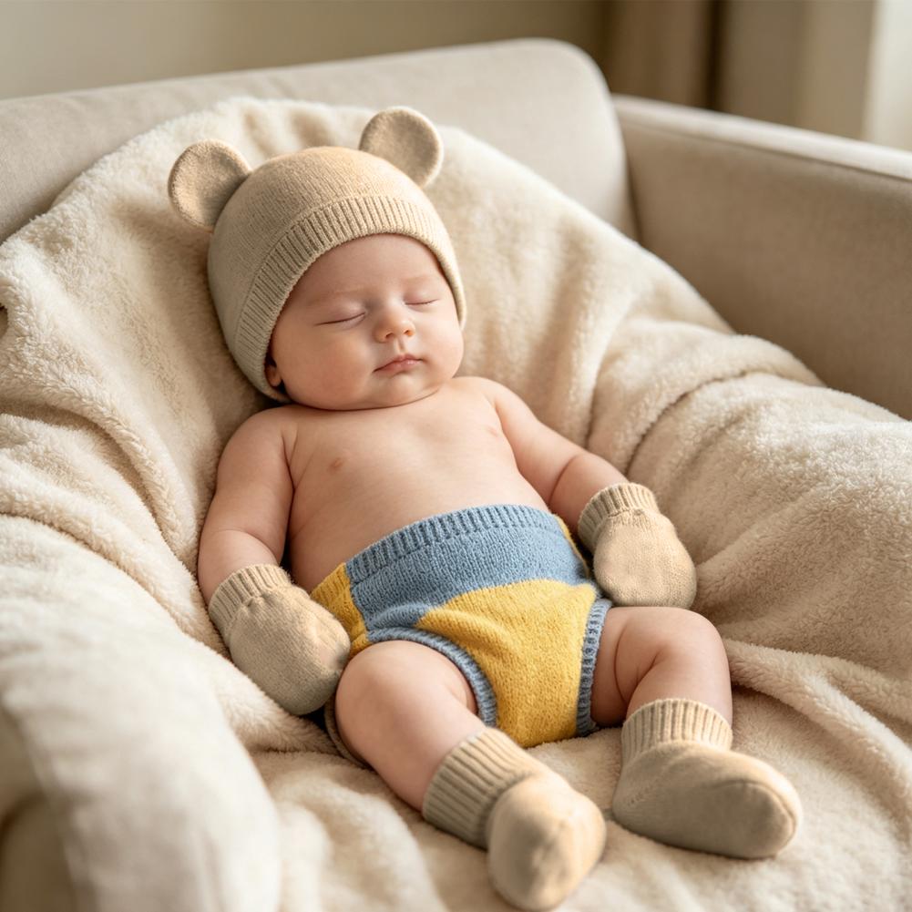 Infant Beanie Hat With Ears - Neugeborenen-Fußschutz, Neugeborenen-Baby-Mütze und Handschuhe Set, Baumwoll-Bärenohren-Mütze