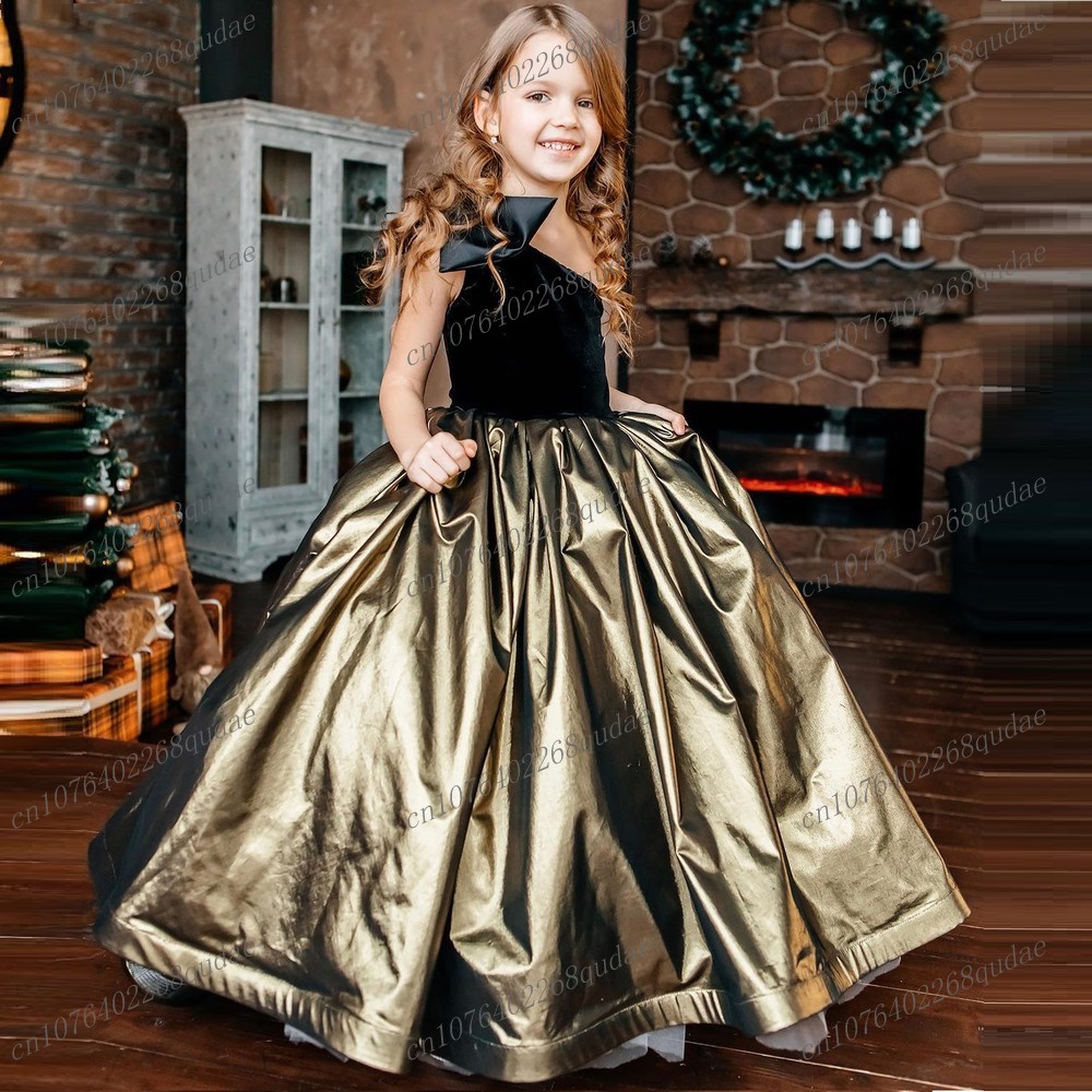 Toddler Girl Tulle Party Dress - Neue schwarze und goldene Satin-Blumenmädchenkleider für