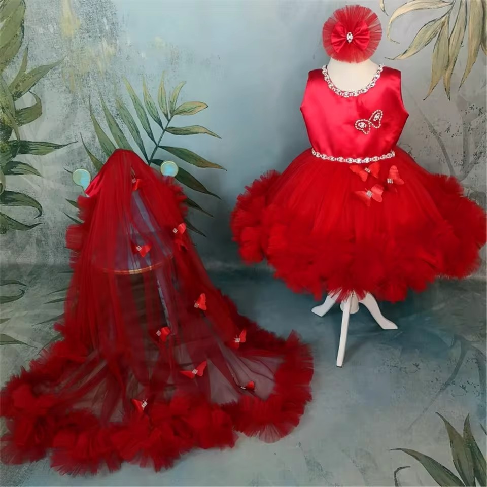 Maßgeschneiderte rote Blumenmä – Toddler Girl Tulle Party Dress Bewertung und Preis